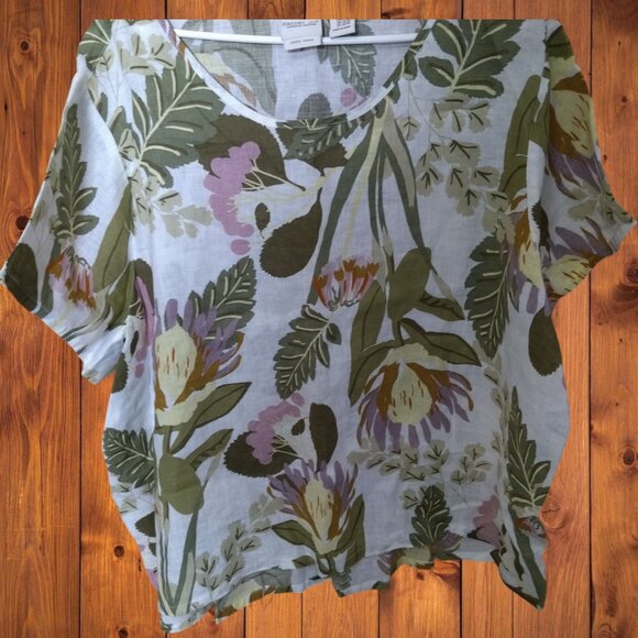 Rachel Zoe Women's 3X Floral Tropical 100% Linen Pullover Top Short Sleeve Boxy - Picture 4 of 5